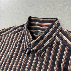 Eton Dress Shirt Men's Size 17.5 Button Up Long Sleeve Striped Dark Blue Navy